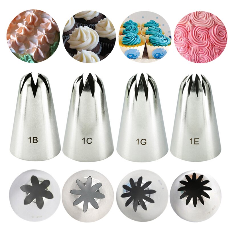 Grote Icing Piping Nozzles Voor Decorating Cake Bakken Cookie Cupcake Piping Nozzle Rvs Pastry Tips # 1B # 1C # 1E #1G 4 Stuks