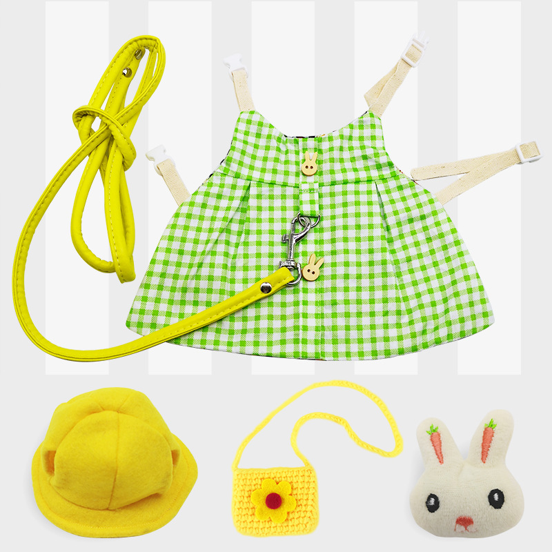 Konijn Jurk Kleine Dier Harnas Vest En Riem Met Mini Hoed Tas En Konijn Broche Escape-Proof Huisdier Bunny kleding Accessoires: lattice Set / L