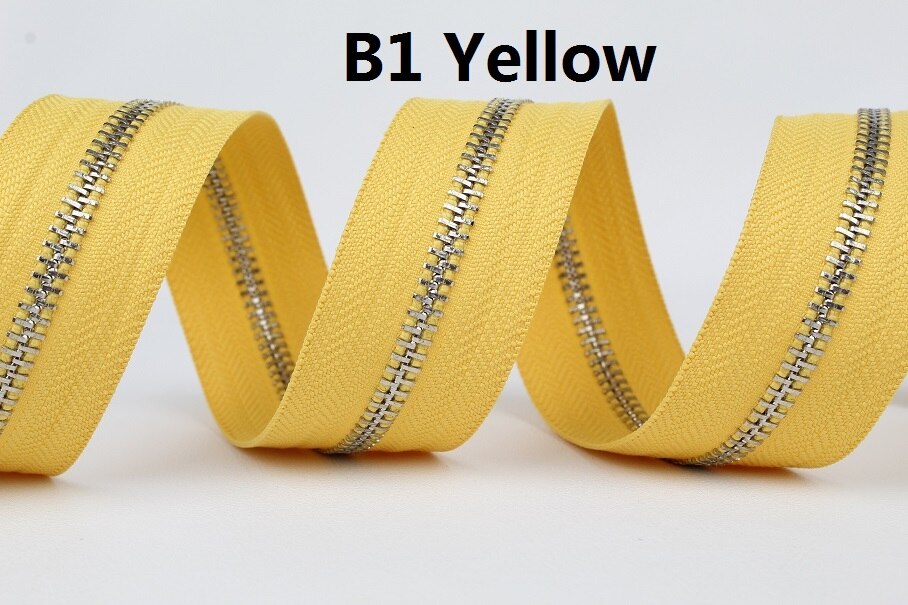 5#  zilveren metalen ritsen, enkele open einde, geelgoud, oranje, roze, fuchsia, paars, metalen rits, rol, 10 meter, veel: B1 geel