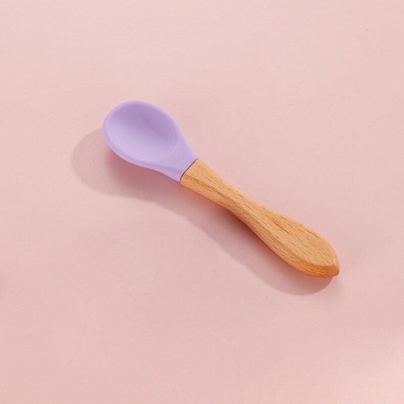 Voeden Houten Handvat Siliconen Lepel Voor Baby Gebruiksvoorwerpen Kids Eet Voedsel Voor Training Manipulatieve Vermogen Baby Servies Lepel: Purple