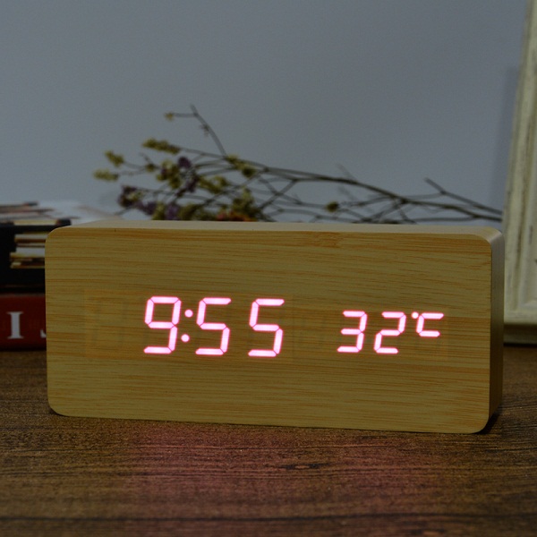 Mode Houten Wekkers Met Thermometer Eenvoudige Rechthoek Tafel Klokken Led Sound Control Desktop Decoratie Klok: bamboo purple