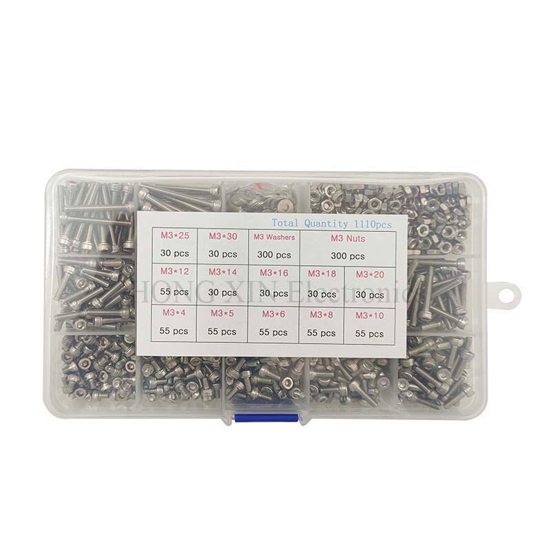 1110pcs/Set Stainless Steel M3 Socket Head Cap Screws and Nuts Flat Washer Assortment Kit with Tweezer