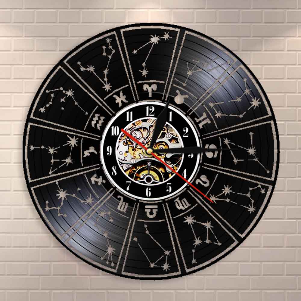 Vinyl Home Decor Wall Clock Zodiac Sign Vinyl Record Wall Clock Astrology Stars Decorative Wall Watch Clock Zodiac