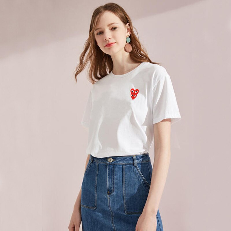 Play Mannen Vrouwen T-shirt Overlap Borduurwerk Dubbele Hart Ronde Hals Korte Mouwen Katoenen T-shirt Zomer Losse Casual Couplet-shirt