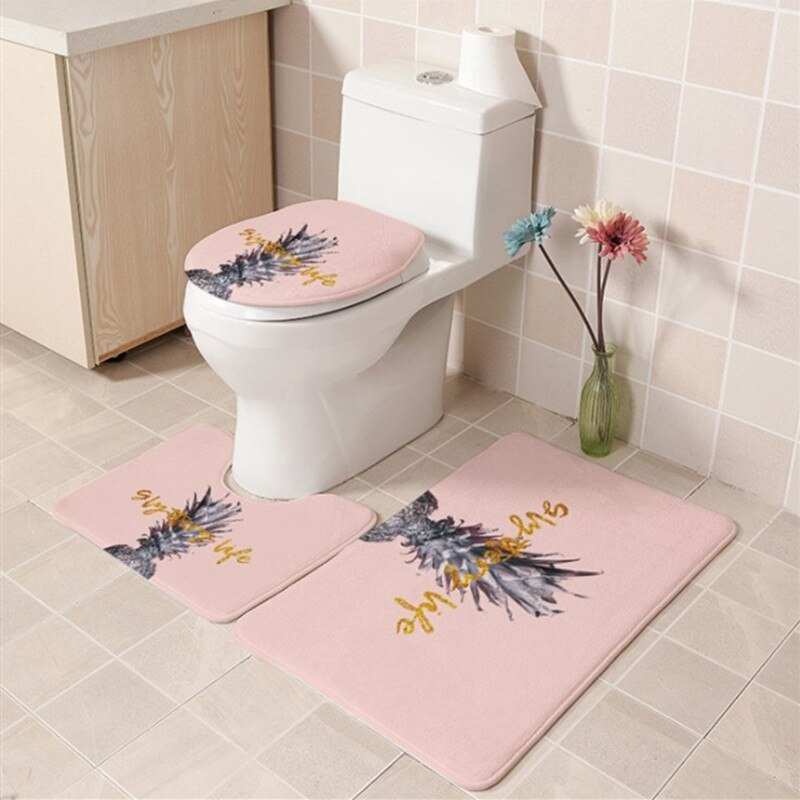 3 stk / sæt badeværelsesmåtte sæt flannel skridsikker køkken bademåtte tæppe badeværelse tæppe vaskbar enkel boligindretning toilet sædehynde: Sort ananas
