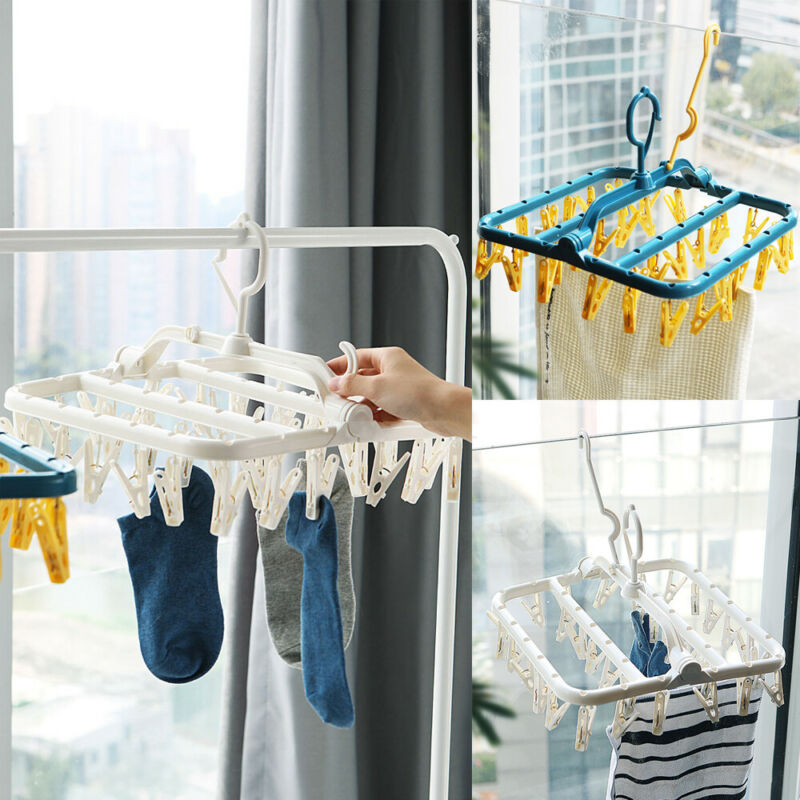 Folding Clothes Hanger Round Drying Rack Laundry Hanger Hook Sock Clothes Hook 32 Clips CollapsibleClothes Peg Hook Airer Dryer