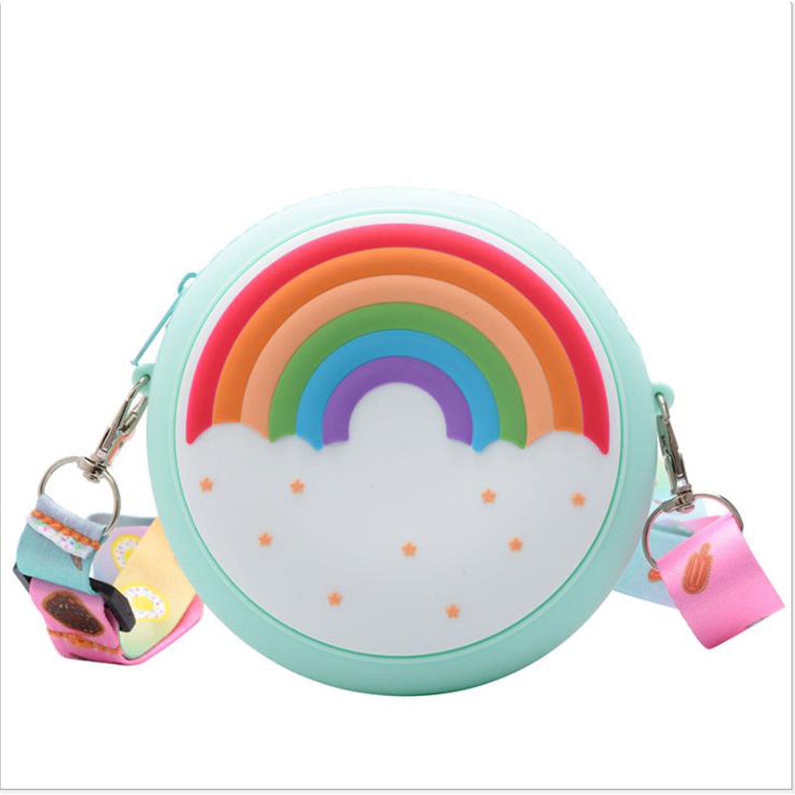 Kids Shoulder Bag Cross-Body Pack Round Adjustable Wide Strap Travel Large Capacity Rainbow Donut Printed Pockets