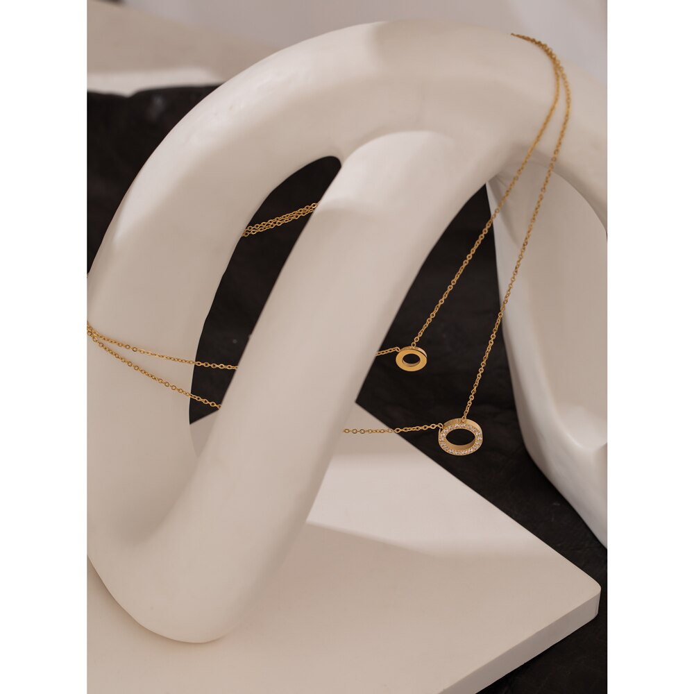 Yhpup Stainless Steel брелок Exquisite Round Hollow Layered Chain Necklace Delicate Shiny Cubic Zirconia Choker Necklace