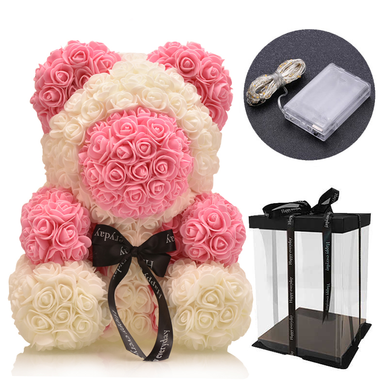 Großen Regenbogen Bär von Rosen mit Kasten 38cm 3D Schaum Rosen Bär Teddybär Kostüm Seife Blume Weihnachten: mit LED 4