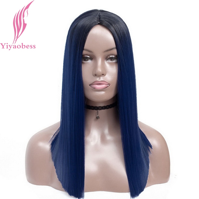Yiyaobess 18inch Middle Part Black Blue Ombre Wig Synthetic Two Tone Natural Hair Long Straight Woman Wigs For Black Women