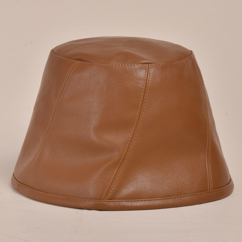 Pu læder spand hat efterår koreansk harajuku afslappet fisker cap kvinder solid håndvask hat panama femme retro kunst hat: Kaffe