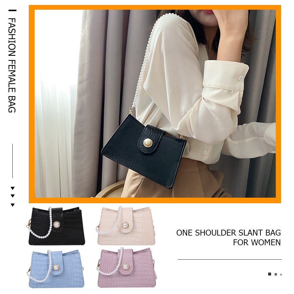 Jugend Damen Einfache Vielseitige Tasche Frauen Einfarbig Handtaschen Dame PU Leder Perle Kette Kleine Schulter Totes Tasche