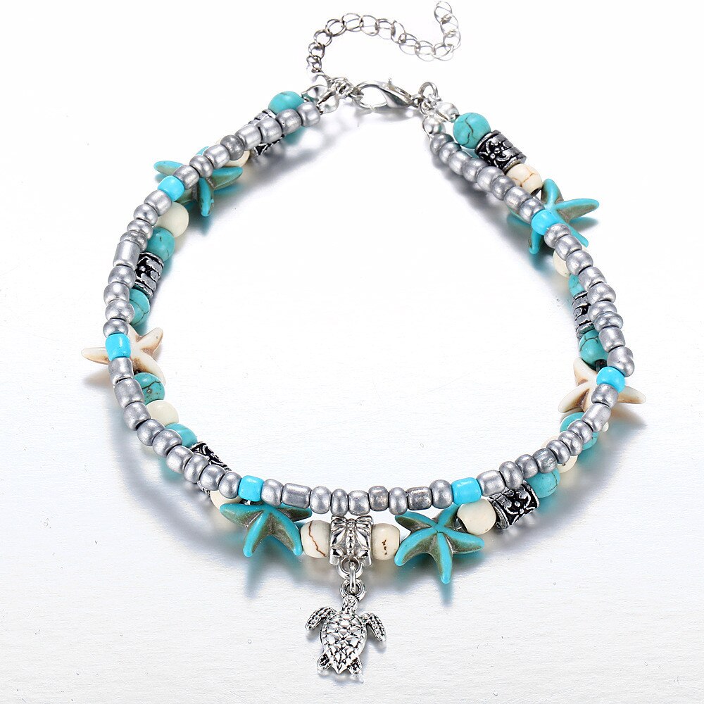 Bohemian Beaded starfish stone Anklet Bohemian women's silver chain bracelet leg beach ankle jewelry women's