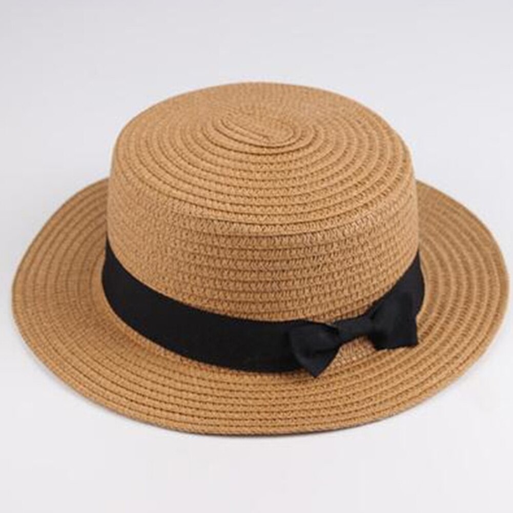 Simple Summer Parent-child Beach Hat Female Casual Panama Hat Lady Women Flat Wide Brim Bowknot Straw cap girls Sun Hat: Khaki / Child