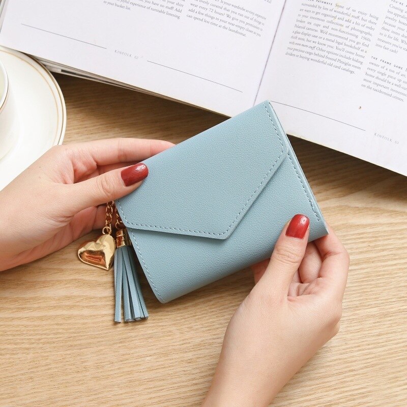 Portefeuille à pompon pour femmes, porte-monnaie tendance, porte-cartes,: Sky Blue