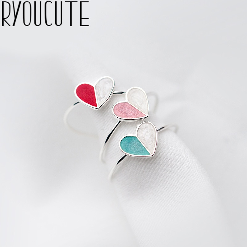 RYOUCUTE 100% Reale Argento Dei Monili di Colore di Modo Grande Colorato Cuore Anelli per le Donne Bijoux Dichiarazione Anello Antico Anelli