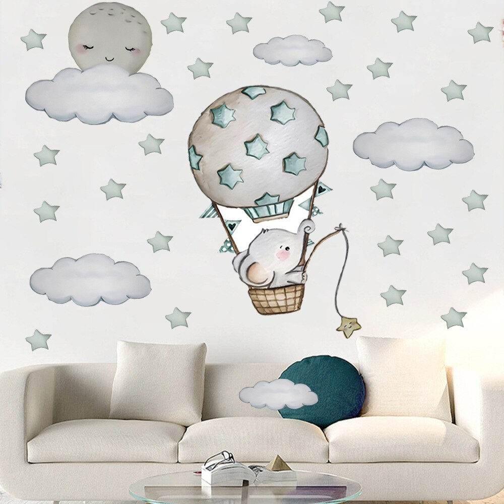 Pegatinas de pared pintadas a mano con globo aerostático para niños, calcomanías de vinilo respetuosas con el medio ambiente, con de elefante y Estrella, decoración del hogar