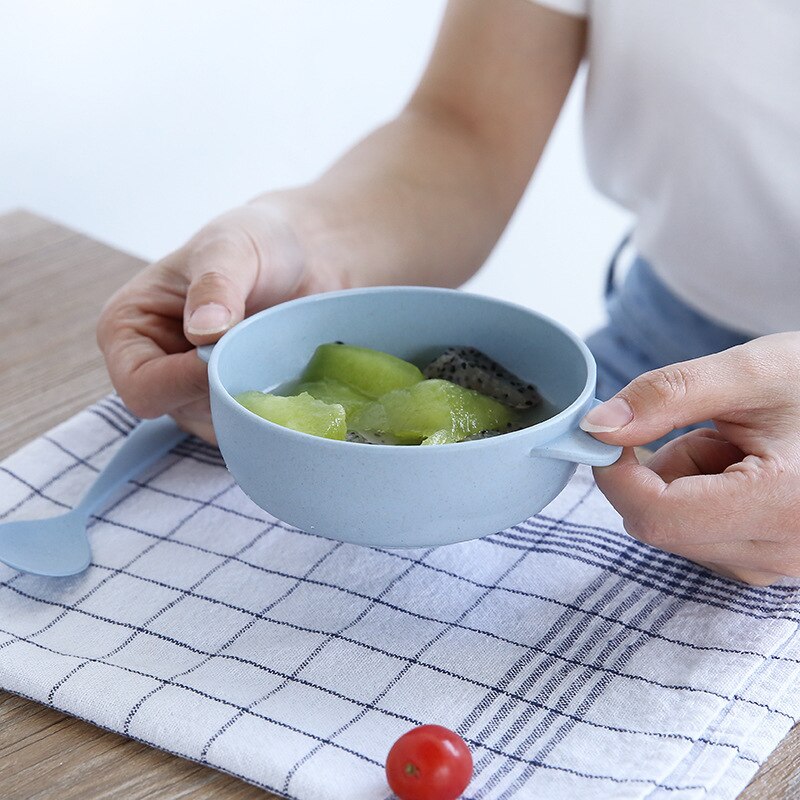 2pcs Baby Feeding Tableware Set Eco-Friendly Wheat Straw Infant Plate Children Dish Dinnerware Kids Anti Training Bowl+Spoon