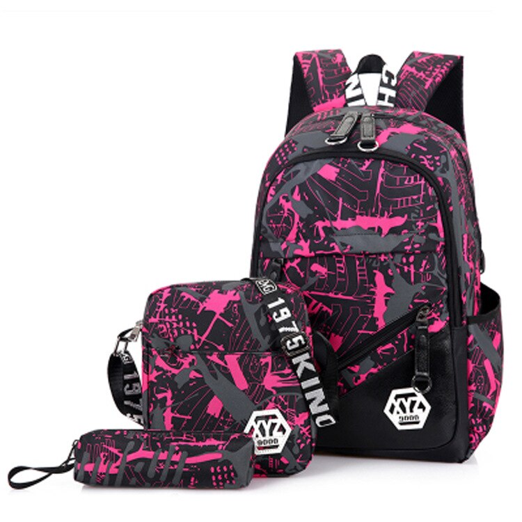 3pcs/Set Men Travel Backpacks Camouflage Printing School Bag Backpack Canvas School bags for Teenage Boys Students Bag back: rose