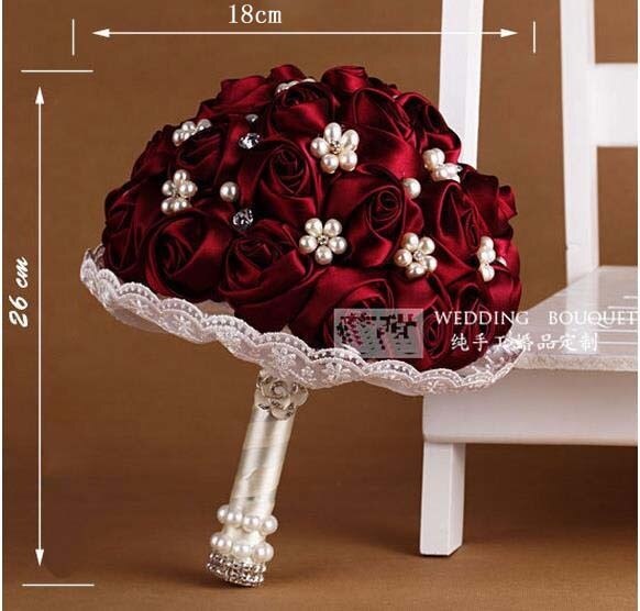 Flores de la boda vino, rojo, azul, Real de dama de honor de novia ramos de boda Rosa Artificial ramo