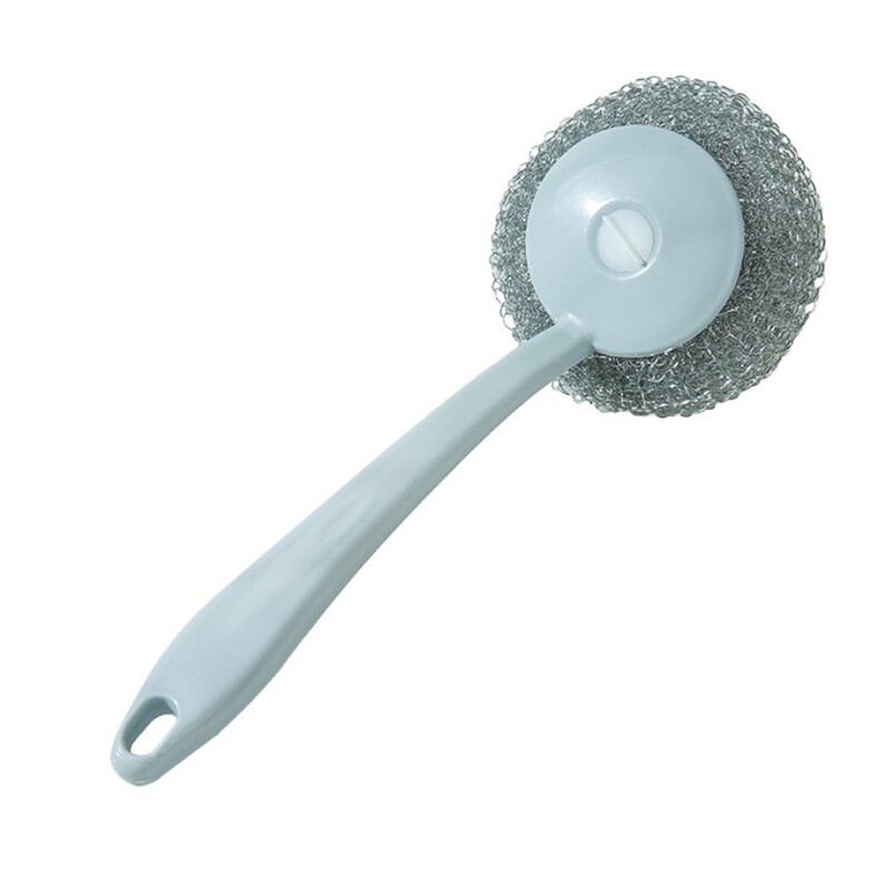Stainless Steel Wire Ball Brushes Long Handle Wash Pot Bowl Tableware Brush Household Kitchen Brush Scrubber Cleaning Ball Tool: Blue