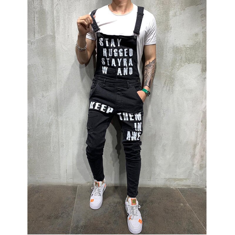 Homme déchiré jean imprimé lettres combinaisons rue en détresse Denim style britannique salopette à bretelles homme jarretelle pantalon travail vêtements: Black / XXL