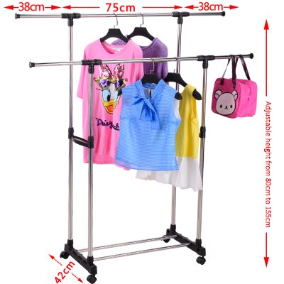 Double rod drying rack coat simple clothes retractable cool drying rack floor folding indoor balcony stainless steel double rod: simple wheel75 plus