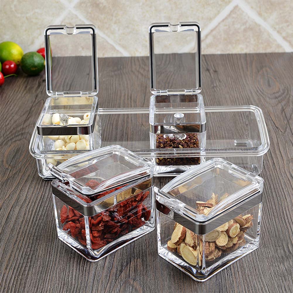 Home Kitchen Dustproof Acrylic Seasoning Box With Spoons Cruet Bottle Cooking Condiment Sugar Storage Container Jar Modern