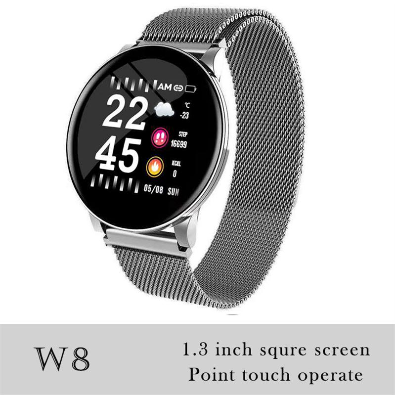 696 K9-WF Full Touch Pedometer Smart Watch Fitness Tracker Heart Rate Monitor Blood Pressure Smartwatch Monitor Smart Bracelet: W8 Silver steel