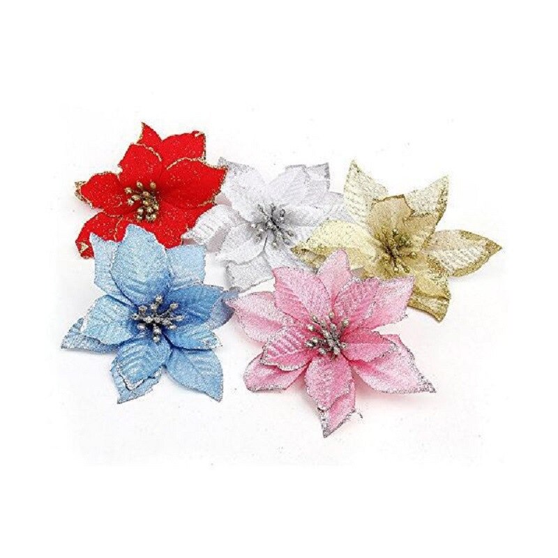 10Pcs Glitter Poinsettia Flower Christmas Decor Wreath Tree Decorations Xmas Party Wedding Flower Scrapbook Garlands Rattan