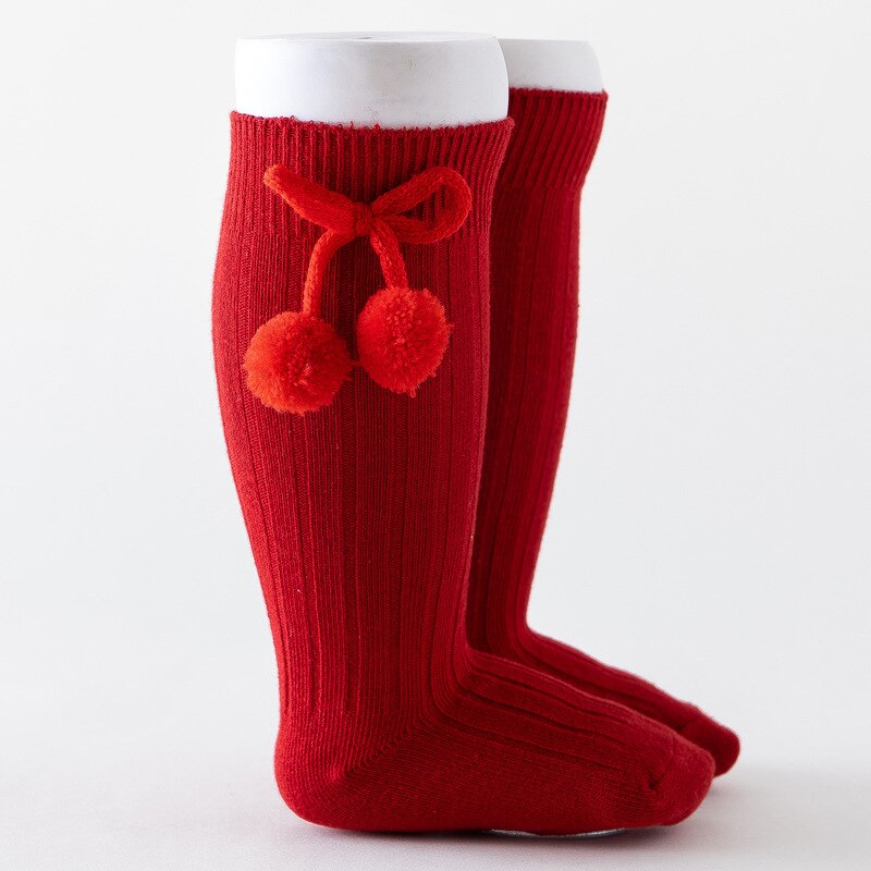 6 Colors Unisex Children Cherry Poms Ball Knee High Socks Baby Toddler Tube Socks For Kids Girls Boys Cherry Knitted Sock 2-6Y: red / L(2-4T)