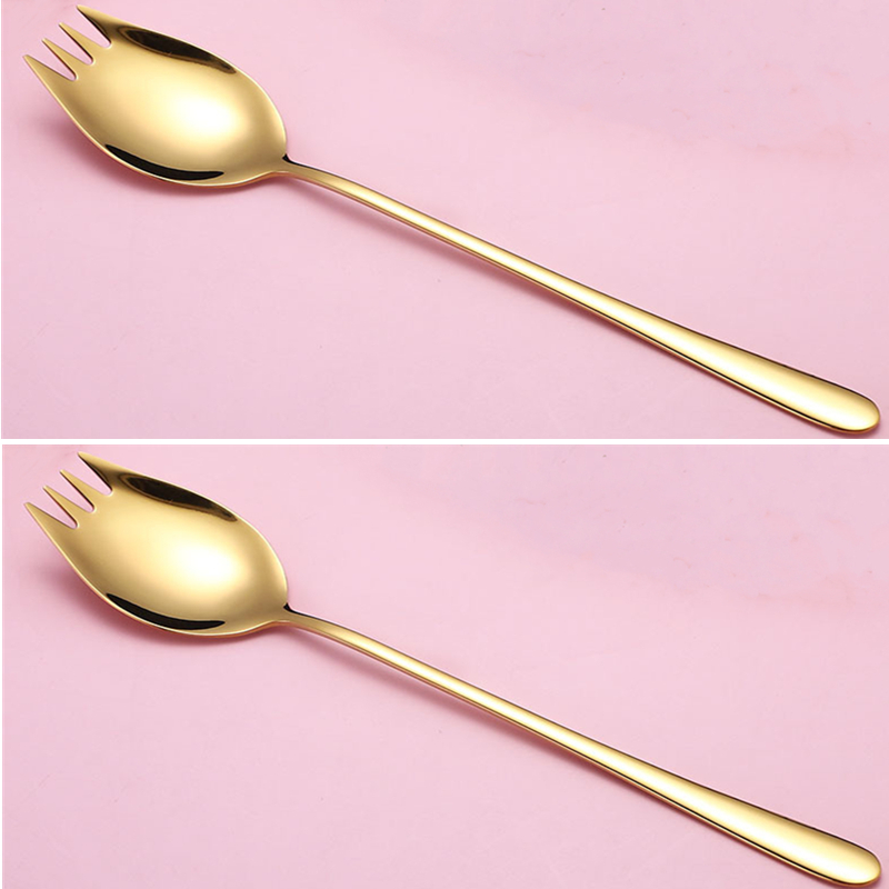 2Pcs Fork Spoon 2 In 1 Multi-function Camping Tableware Stainless Steel Cutlery Salad Spoons Unique Spoons Gold Dessert Spoon: 2pcs gold