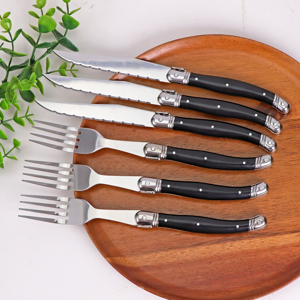 Juego de 6 cuchillos y tenedores para carne de acero inoxidable, juego completo de cubiertos de acero Laguiole con vajilla con mango de ABS negro