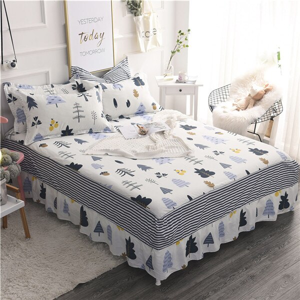 Witte streep Cartoon forest100 % katoen Bed rok Bloemen en vogels print sprei twin volledige koningin schattige postaral prinses stijl: style1 / 120x200cm bed