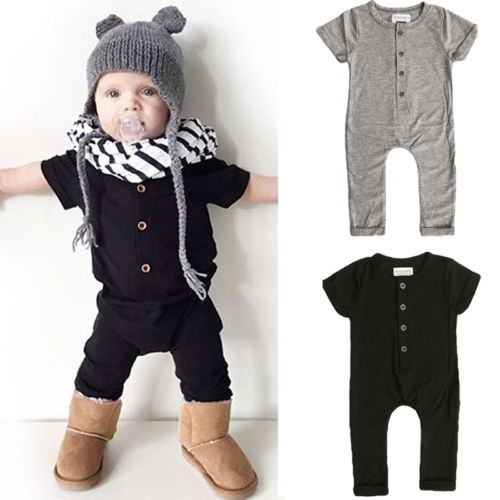 0-24M Infant Baby Boy Girl Romper Climbing Clothes Short Sleeve O-neck Soild Jumpsuit Playsuit Outfits Black Grey Available