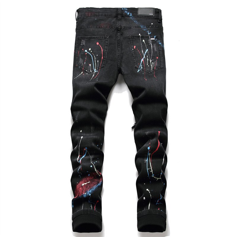 Men&#39;s Jeans Ripped Spray-Painted Black Stretch Pants Drill High Street Casual Pants Autumn Hip-hop Clothing