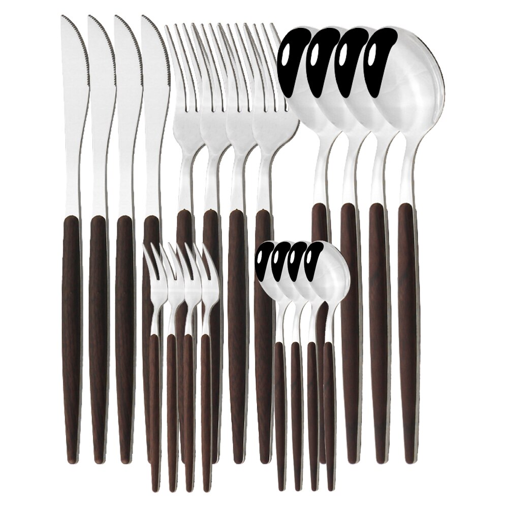20Pcs Zilveren Houten Handvat Westerse Servies Set Roestvrij Stalen Bestek Set Mes Vork Lepel Theelepel Diner Servies Set: C Dark Silver