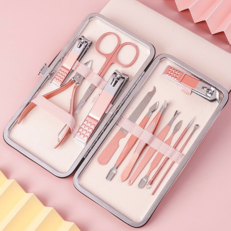 Pink Stainless Steel Nail Clipper Set 7-piece Pedicure Knife Beauty Tweezers Nail Manicure Set Nail Tools Toe Nail Clippers: pink 12 pcs set