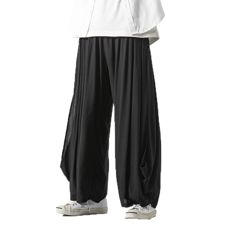 Mænd bukser i linned med brede ben mand harajuku streetwear haremsbukser mandlig kinesisk stil hanfu kongfu sorte bomuldsbukser nederdel
