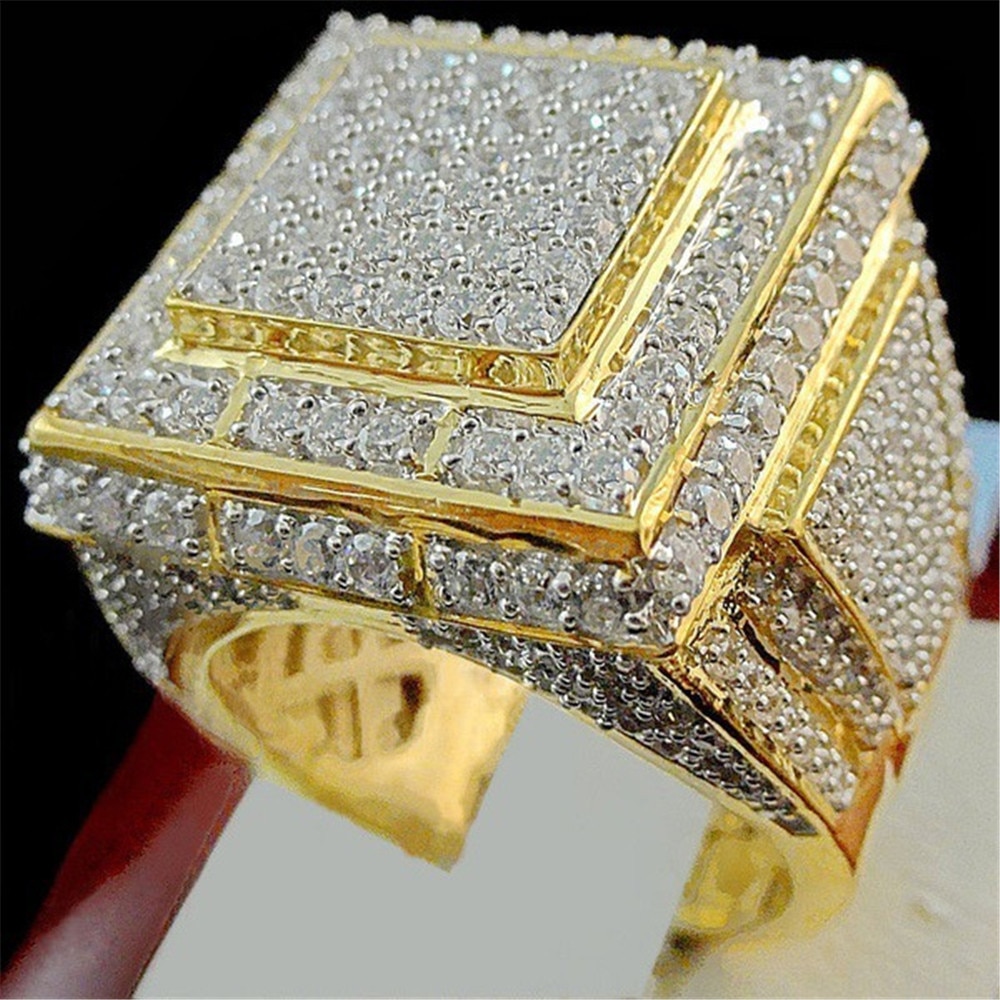 Micro pave cz pedra enorme 24k anéis de ouro para homens mulher branco zircão noivado jóias masculino hip hop grandes anéis de casamento anel anel bijoux
