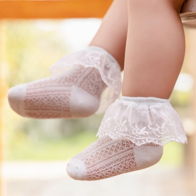 Summer Retro Lace Kids Girls Socks Ruffle Frilly Socks Girls Princess Mesh Solid Cotton Short Sock White School Dance Socks