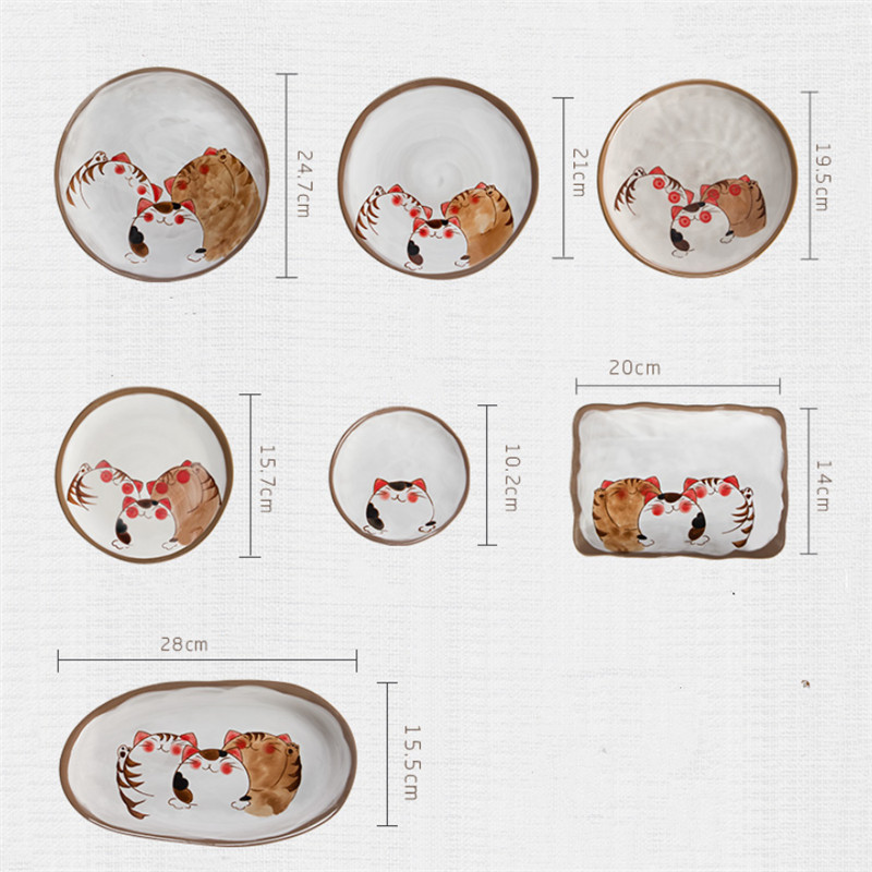 Japanese Hand-painted Ceramic Cute Cartoon Cat Tableware Set Soup Noodle Bowl Fish Dish Family Dinner Steak Tableware