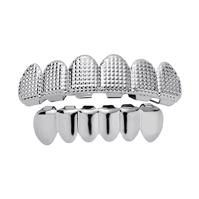 Hip Hop Mannen 6 Top & Bottom Tanden Goud Zilver Kleur Valse Tanden Grillz Set Bump Rooster Dental Grills voor Vrouwen Lichaam Sieraden: silver suit