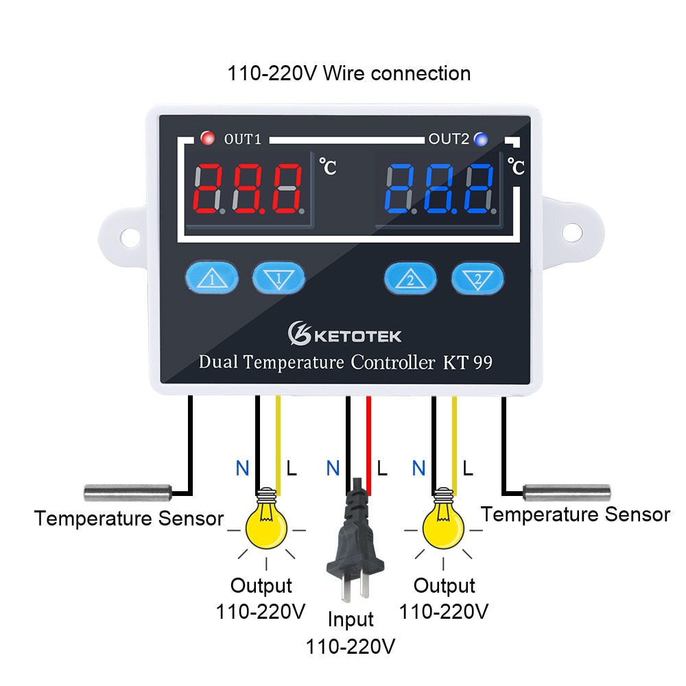 Termostato Digital para incubadora, controlador de temperatura, Control de enfriamiento de calefacción con sonda Dual, 12V, 24V, 220V, KT99