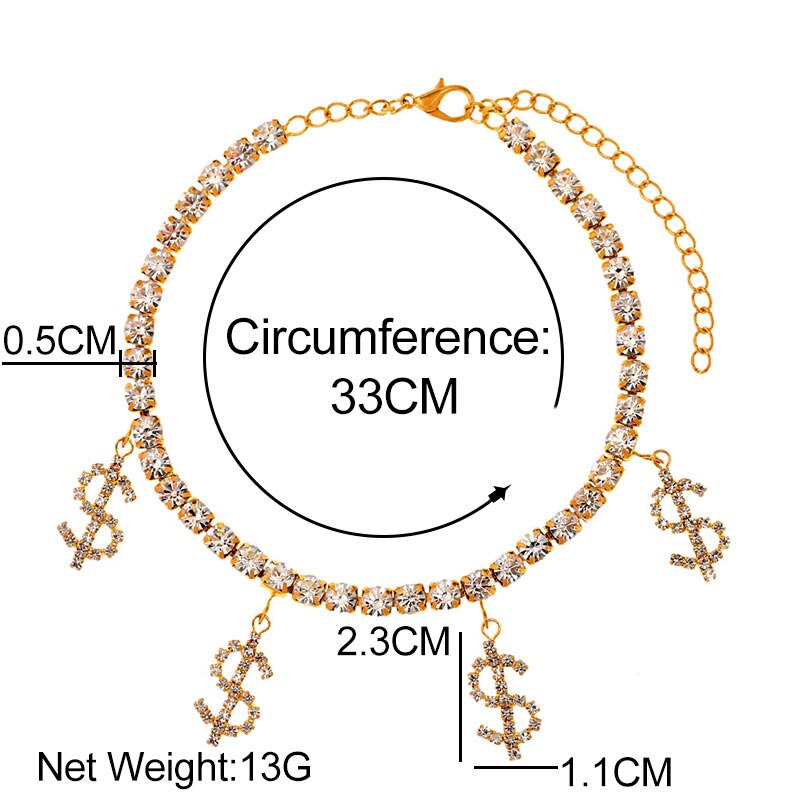Novidade brilhante cristal dólar sinal pingente tornozeleira moda feminina strass tênis corrente tornozeleiras ouro prata cor festa jóias