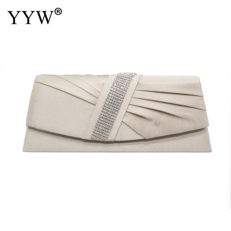 Aprikos dam satin veckad strass kväll clutch väska med kedja dam feminin knuten satin veck kväll clutch väska: Aprikos
