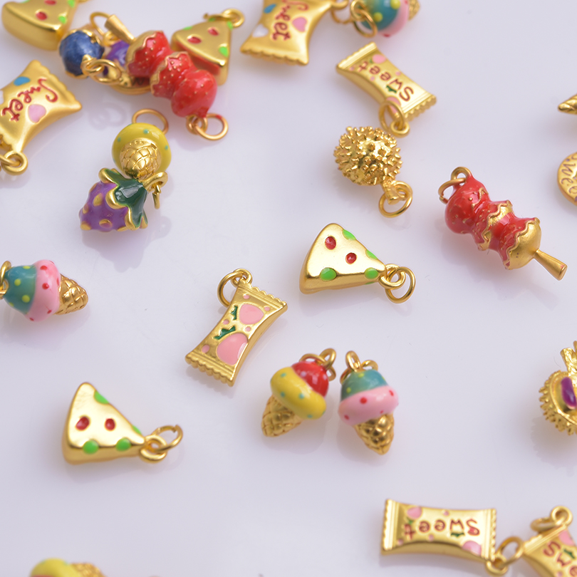 13pcs/Lot Mix Dessert Cake Ice Cream 3D Gold Color Enamel Charms For Jewelry Making Supplies Candy DIY Cute Pendant Accessories