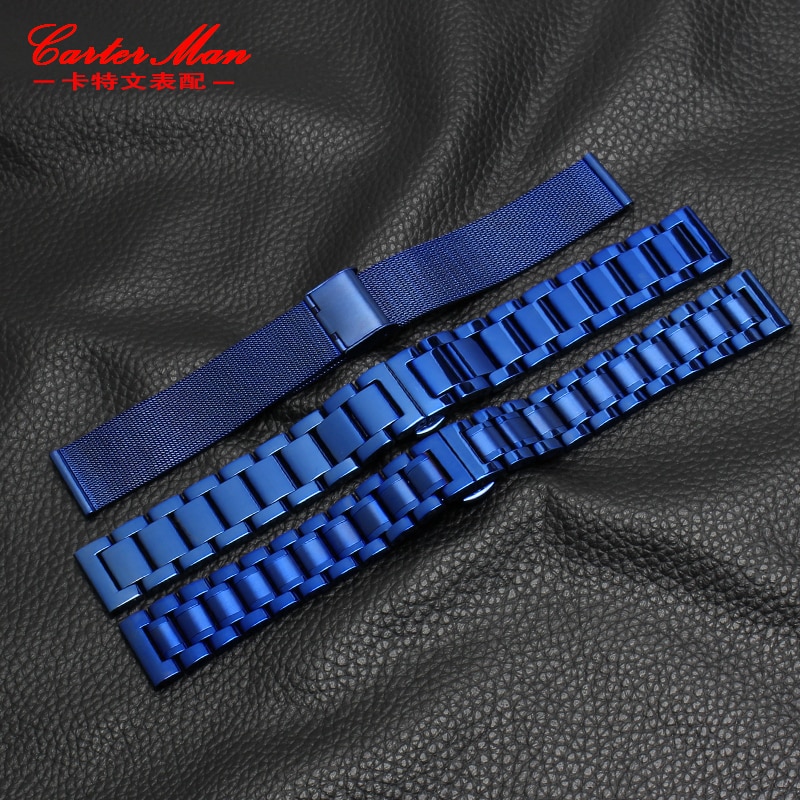 Blue Rvs Horlogeband Strap Metalen Armband Riem 18Mm 20Mm 22Mm Straight End Voor Mannen Vrouwen mode Horloge