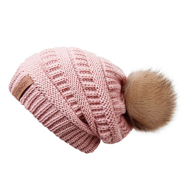 Vinterhue kvinde hue pompon pels pompon hatte skullies afslappet damekasket strikket hue pigehue hunhat: Lyserød