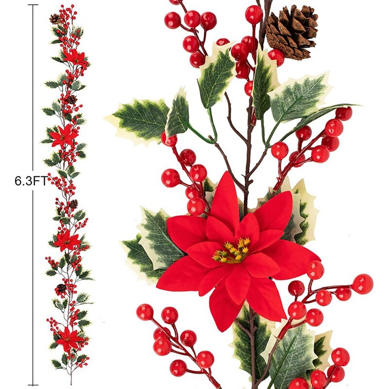 2X 6.3FT Red Berry Christmas Garland, Artificial Poinsettia Garland,Christmas Berry Garland With Pine Cones